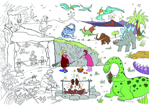 Dinosaur Cavemen Colouring Poster
